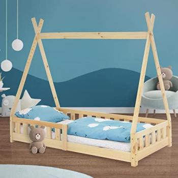Kinderbett Tipi 80x160 cm Holzbett mit Rausfallschutz und Lattenrost