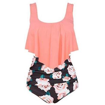 Aidotop Traje de Baño de Dos Piezas para Mujer con Volantes (7Naranja Floral, XL)