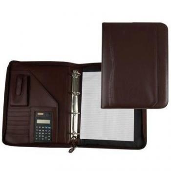 Brown Zippered Portfolio with Calculator and Cell Phone Pocket
