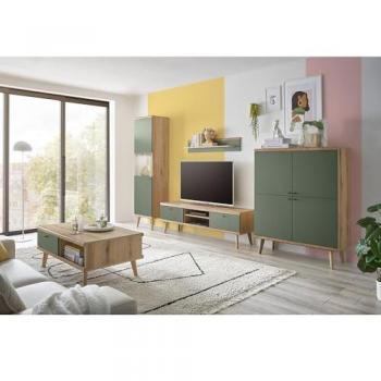 Moderne Wohnwand in Eiche mit grün, 5-teilig und Couchtisch