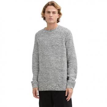TOM TAILOR DENIM Herren Struktur-Rundhalspullover, Weiß-Meliert, Größe L