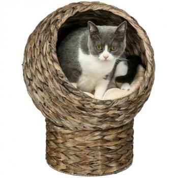Cama para Gatos de Mimbre PawHut Cueva Desmontable con Cojín Extraíble 42x33x52 cm Marrón Oscuro y Beige