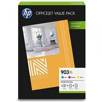 Pack OfficeJet Value HP 3 Cartuchos 903XL Cian/Magenta/Amarillo + 50 Hojas HP A4 80gr + 25 Hojas HP A4 180gr