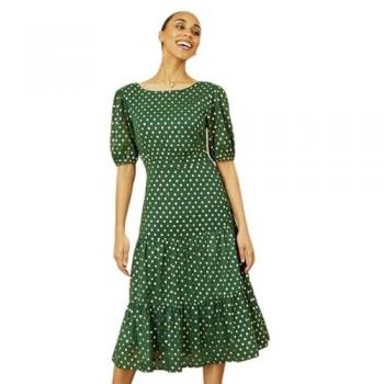 Scoop‑Back Serenity Midi – Green Gold Spoted Elegance