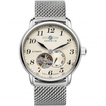 Zeppelin LZ 127 Graf Automatic 41mm Stainless Steel Open Heart Beige Dial Men's Watch 5ATM