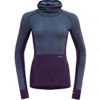 Devold Kapuzen-Langarmshirt für Frauen – Merino, Wendbar, Farbeblock/Blau/Lila – XS