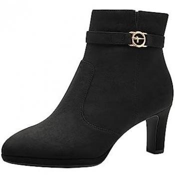 Stiefelette TAMARIS – Textil‑Veloursleder, unifarben, schwarz, 1‑25350‑41, Abendschuh mit Zierriemchen‑Logoemblem