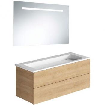 Meubles vasques jumelles Burgbad modèle Cosmo, couleur chêne cachemire/beige, avec miroir inclus