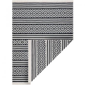 Tappeto Twin 22996: geometria strisciata in cotone, frange ecologiche nero-crema, bifacciale 80x150 cm