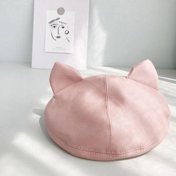 Sweet Girl Cat Ears Beret Hat PU Leather BLM32