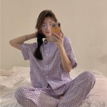 Pyjama coréen à carreaux pour femmes et filles, violet, ensemble 2 pièces, manches courtes, haut et bas longs, été