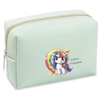 Tapisserie Éclat Licorne: Trousse et Pochette Maquillage Vert Pastel – Personnalisable