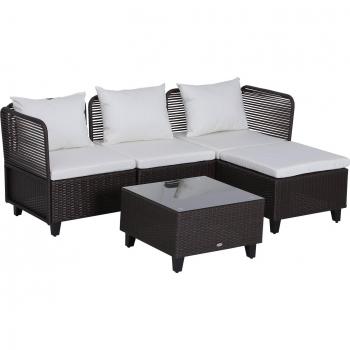 Outsunny Set Mobili da Giardino 5 Pezzi Tavolino con Piano in Vetro Temperato Rattan 3 Poltrone 1 Poggiapiedi 1 in Alluminio, Rattan Aosom