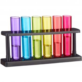 Relaxdays Reagenzgläser Shotgläser, bunt, 6 witzige Schnapsgläser mit Ständer,