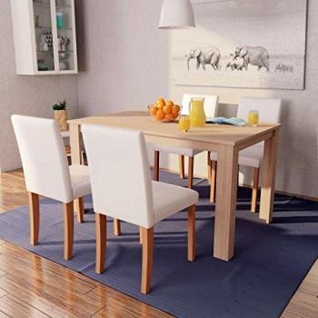 Table et chaises 5 pièces en cuir synthétique couleur crème, piètement en chêne