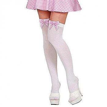 Karnevals‑Strippen: Halterlos, 70 DEN, weiß, rosa Schleife