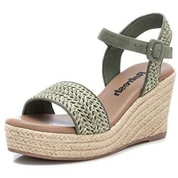 Sandalia Kaki para Mujer de Rafia y Antelina con Hebilla y Cuña 9cm Vegana