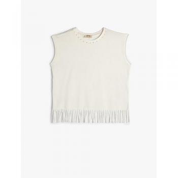 Koton Damen T-Shirt Ärmellos mit Quaste und Perlen