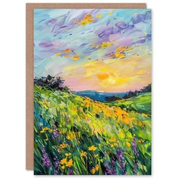 Green Lavender Daffodil Meadow Sunset Birthday Greeting Card (Oil)