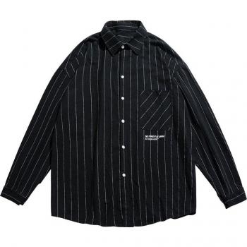 Prenda de vestir hombre vintage a rayas manga larga informal algodón blanco negro estilo japonés Harajuku