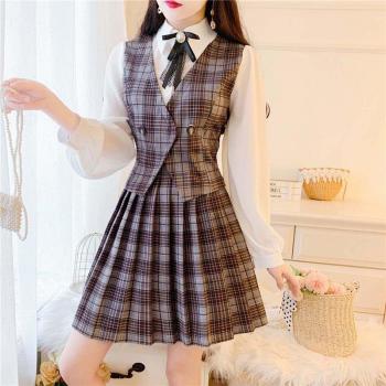 Costume féminin en mousseline de soie, haut à carreaux et jupe plissée, style Preppy