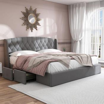Lit Okwish double rembourré 180x200 cm avec sommier à lattes et quatre tiroirs en treillis métallique robuste, velours gris (sans matelas)