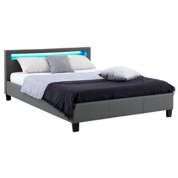 Lit double 140x190 cm avec tête de lit LED intégrée, sommier inclus, en synthétique gris