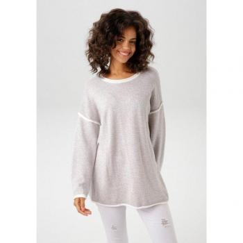 Aniston Casual Fransenpullover – hellgrau/meliert, Rundhals, Rollkanten, Größe 38