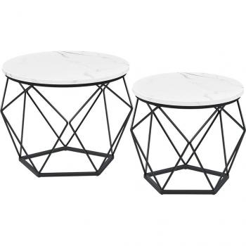 Juego de 2 mesas de centro redondas con bandeja extraíble, estilo moderno, estructura de acero, ideal para sala de estar, blanco y negro