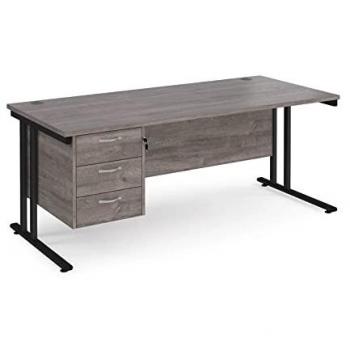 Maestro 25 Grey Oak Office Desk – 1800 mm × 800 mm, 3-Drawer Pedestal, Black Cantilever Leg Frame