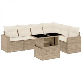 Set di Mobili da Giardino 7 pz con Cuscini Beige in Polyrattan