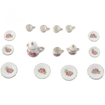 15-Piece Dollhouse Tea Set with Chinese Rose Design