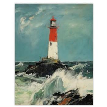 Red-Accent Solitary Lighthouse Over Storm – XL Modern Oil Painting, Unframed Poster Print