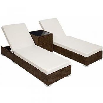 Chaise longue bain de soleil TecTake 2x + Table en Aluminium et Résine Tressée + Housses + Housse de protection