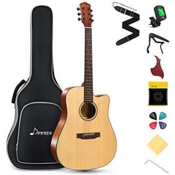 Donner Acoustic Guitar Full Size 4/4 Cutaway Guitar Package 41 Inch Spruce Mahogany for Beginner with Gig Bag Tuner Strap Strings Capo Picks