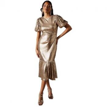 Coast Gold Sequin Midi Dress with Puff Sleeves