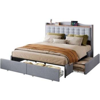 Letto Matrimoniale con Testiera Regolabile in Velluto Grigio 140x200cm