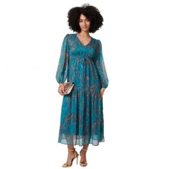 Izabel London Leaf Motif Sheer Maxi Dress – Green Tie‑Waist