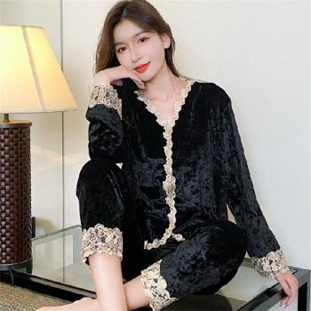 Set nocturno de terciopelo y encaje con cuello V, ropa de dormir informal para mujeres +2