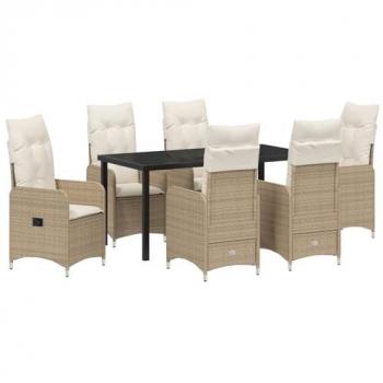Cuisinière de jardin 7 pièces, coussins beige en poly‑rattan