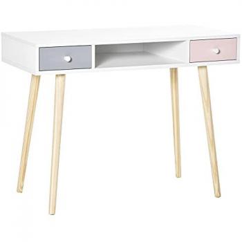 Bureau enfant scandinave avec tiroir et compartiment de rangement MDF et pin blanc gris rose 100x76,5x48 cm