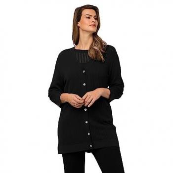 Ulla Popken Strickjacke V-Ausschnitt 3/4-Arm in schwarz, Größe 46/48
