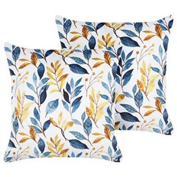 Set di 2 Cuscini Decorativi in Velluto Giallo e Blu 45 x 45 cm Motivo Foglie Stile Boho