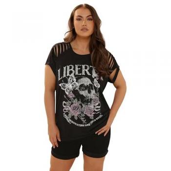 T-shirt Yours Curve noir en coton avec découpe au laser