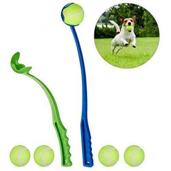 Lanceur de balle pour chiens, 2 unités, 5 balles de tennis incluses, couleur bleu/vert
