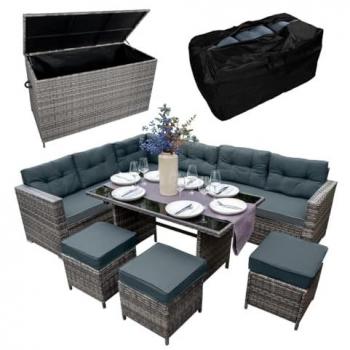 Salon de jardin rotin gris avec coffre 9 places