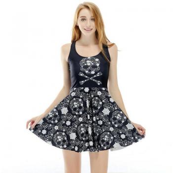 3D Flower and Skull Design Black Sleeveless Dress for Women