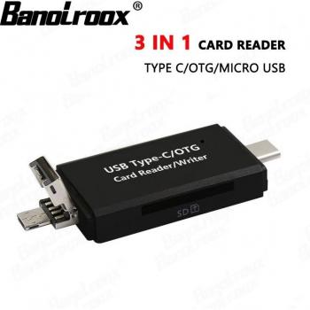 Lecteur portable 3‑cartes (TF, microSD, SDOTG) – USB 2.0 + Type C