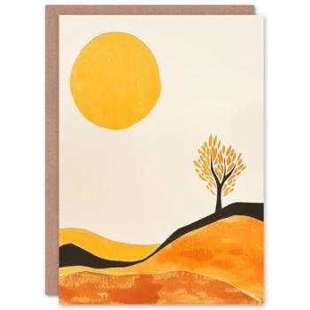 Artery8 Vibrant Mustard Lone Tree Card – Abstract Boho Landscape