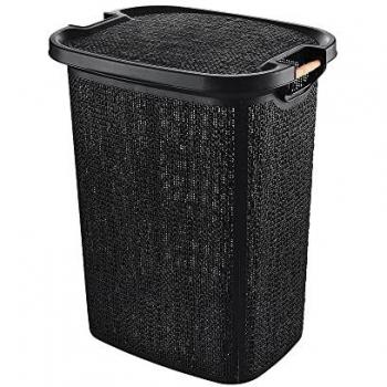 Cesto portabiancheria design moderno plastica nera manici legno 60 lt